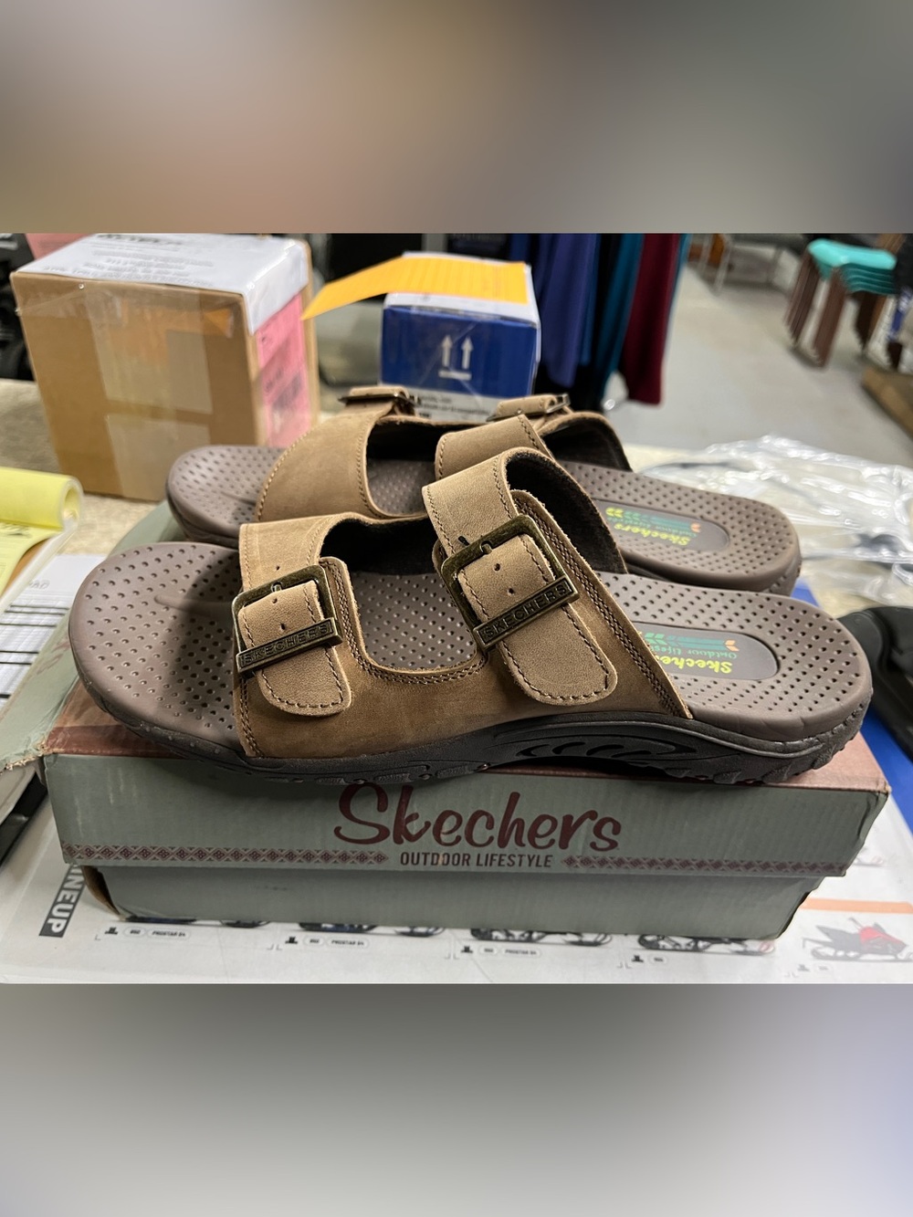 Skechers Women’s Brown Double-Buckle Slide Sandals